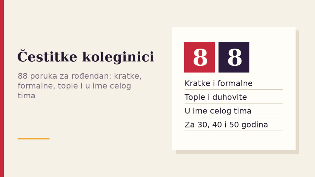 Ilustracija: kartica s brojem 88 i vrstama rođendanskih čestitki za koleginicu